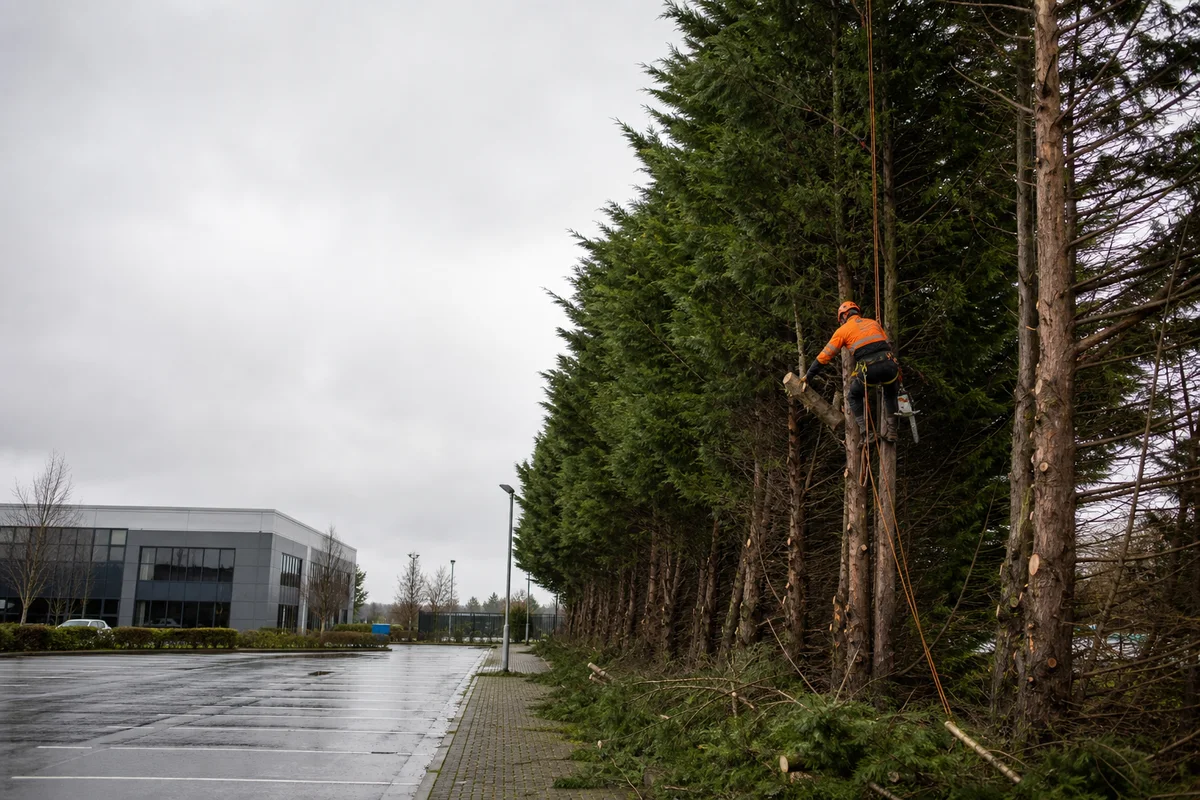 Arborist carrying out controlled conifer removal beside a business-park car park